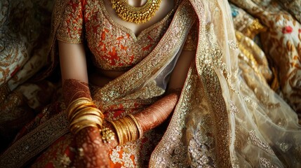 A luxurious Indian bridal outfit with golden zari work, surrounded by exquisite bridal jewelry in gold and gemstones.