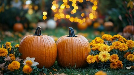 Canvas Print - Colorful autumn pathway lined with pumpkins and vibrant flowers in a tranquil garden setting