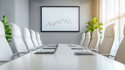 Canvas Print - A long conference table with white chairs and a laptop on it, AI