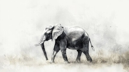 Poster -   A black-and-white illustration depicts an elephant strolling in a field of green grass against a backdrop of a white wall