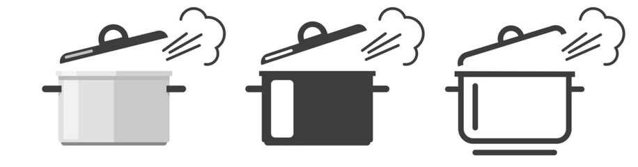 Poster - steaming cooking pot pan hot icon vector graphic illustration set, saucepan boiling line stroke outl