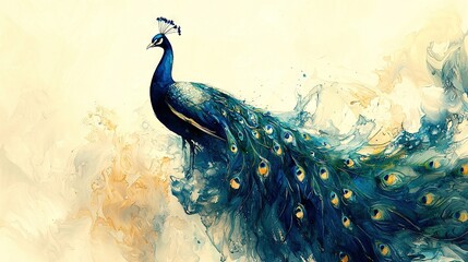 Sticker -   A vibrant depiction of a majestic peacock, adorned with an array of resplendent feathers cascading from its tail