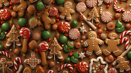Wall Mural - Abstract background with Christmas gingerbread pieces and cookies on brown background. Square composition.