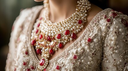 Wall Mural - Close-up of a bridal dress with intricate designs, with stunning bridal accessories featuring rubies and pearls.