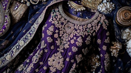 Close-up of a heavily embroidered bridal dress in deep purple, surrounded by exquisite Indian bridal accessories.