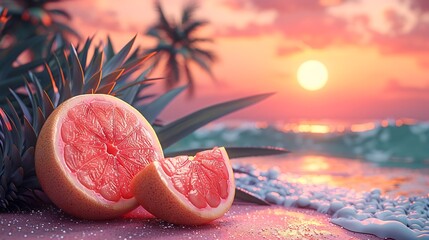 Wall Mural - Retro artistic composition of beach scene with a halved grapefruit palm trees and a sunset blending pastel pink and orange hues