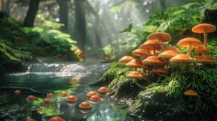 Poster - Vibrant Mushrooms in a Clear Forest Stream