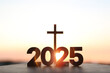 © artpluskr - The brightly rising sun of the new year 2025, sunrise and sunset, the holy cross of Jesus Christ and the church faith and belief background