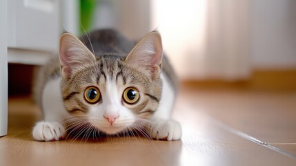 Poster - A cat laying on the floor looking up at something, AI