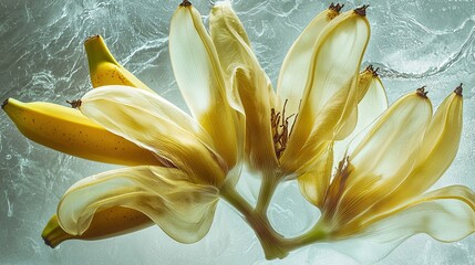 Poster -   Close-up of several bananas on a branch, with water in the background and bananas in the foreground