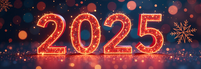 Wall Mural - 2025 horizontal banner with red numbers on dark blue background with colorful bokeh
