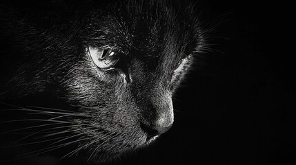 Wall Mural -   A black-and-white close-up of a cat's face with light shining from its eyes