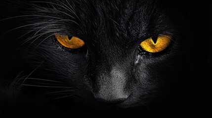 Poster -   A zoomed-in photo of a black cat with bright yellow eyes and visible whiskers adorning its facial region