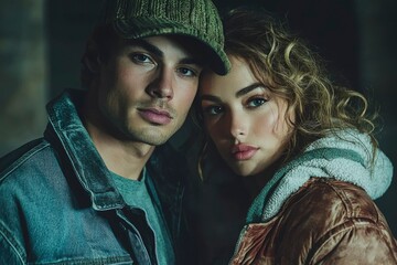 Close-up portrait of a young man and woman in casual attire, looking at the camera