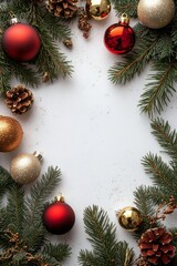 Poster - Christmas decorations featuring red ornaments and pine branches arranged on a white surface