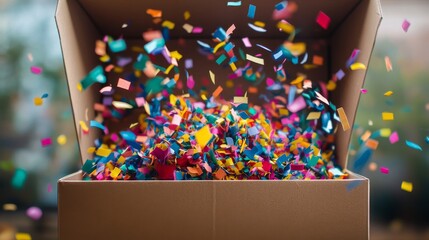 A box filled with fun surprises, bursting open with colorful confetti!