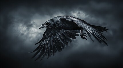 Wall Mural -  A black-and-white photo captures a bird soaring through the sky, its wings fully stretched against a backdrop of ominous clouds