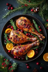 Sticker - Festive roasted turkey legs with herbs and cranberries on a holiday-themed serving platter