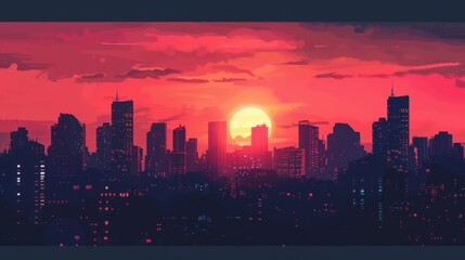 Wall Mural - City Skyline Silhouette at Sunset with Vibrant Colors