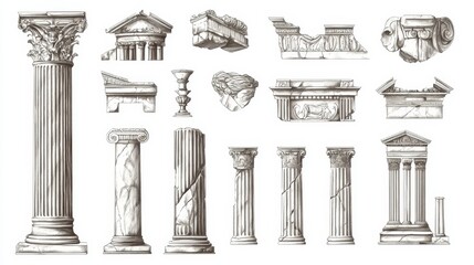 Wall Mural - hand-drawn illustration of ancient greek architectural elements, including columns, pillars, and con
