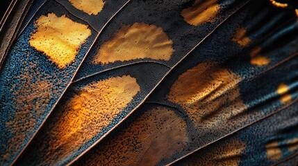 Poster -   A close-up of a bird's wing shows yellow spots on its brown and black feathers