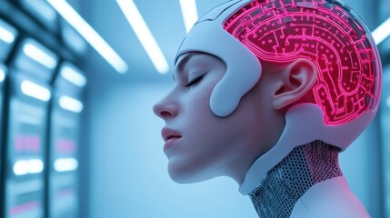 Canvas Print - A woman with a brain in her head and glowing lights, AI