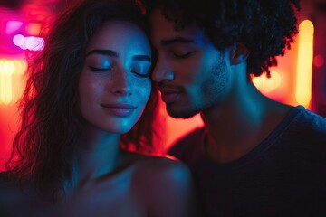 Wall Mural - close-up of a couple's faces illuminated by colorful lights