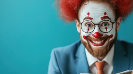 Poster - A man with clown makeup and a red tie holding an tablet computer, AI