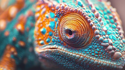 Sticker -   A close-up of a chameleon's face with a vibrant blue, orange, and yellow color palette