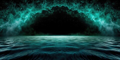 Dark ocean scene with a mystical green sky.