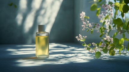 Poster - Glass bottle with essential oil resting on a stone surface in natural light