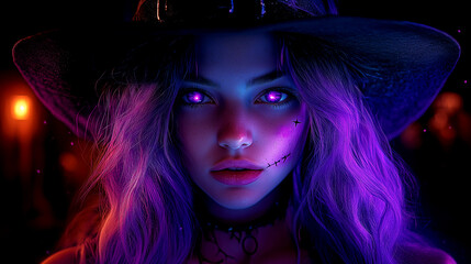 Wall Mural - A woman with purple hair and purple eyes is wearing a purple hat. The image has a dark and mysterious mood