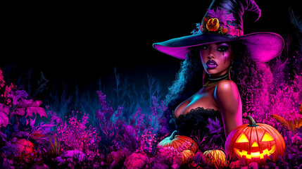 Wall Mural - A woman in a witch hat is surrounded by pumpkins and flowers. The image has a Halloween theme and is very colorful