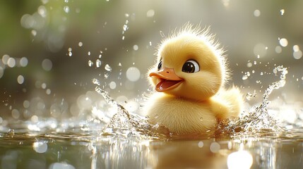 Poster -   A close-up of a duckling in a body of water with droplets on its surface