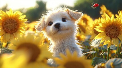 Poster -   A tiny white dog in a field of sunflowers with a ladybug on its back