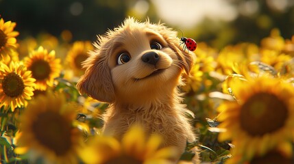 Poster -   A puppy sits in a sunflower field, with a ladybug on its head and another on its nose