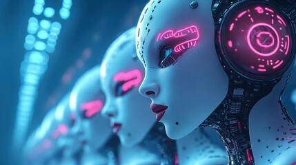 Sticker - A row of futuristic looking robots with glowing eyes and neon lights, AI