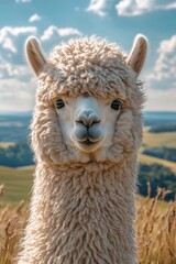 Alpaca standing in a grassy field under a blue sky with fluffy clouds during the day