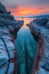 Canvas Print - Sunset over rocky coastal tide pools with a silhouette of a person