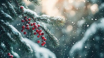 Canvas Print -   A photo of a close-up pine tree with red berries on its branches and snowfall on the branches