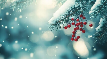 Poster -   A detailed image of a pine tree's branch with berries, amidst falling snow in the backdrop