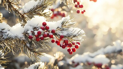 Sticker -   A close-up of a pine tree adorned with red berries on its branches, blanketed in snow