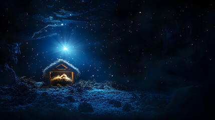 Wall Mural - nativity scene. christian christmas concept. birth of jesus christ. wooden manger in dark blue night