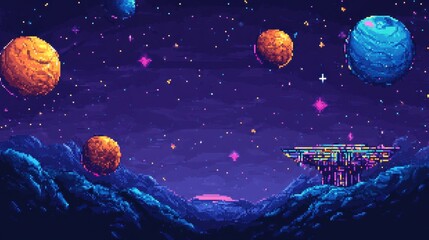 Fototapete - Vibrant Pixel Art of Space with Colorful Planets