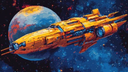 Fototapete - Pixelated Space Station with Planet Background