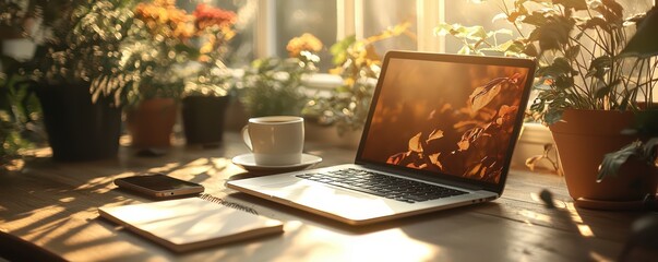 Poster - Open laptop on a wooden table surrounded by potted plants and morning sunlight creating a cozy and productive workspace