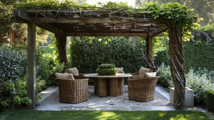 Wall Mural - Serene Outdoor Space with Vine-Wrapped Pergola