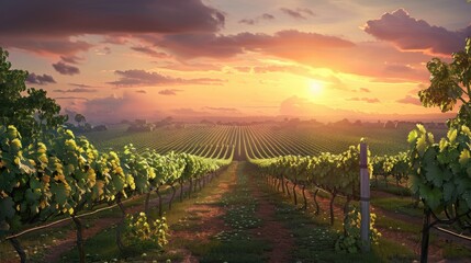 Wall Mural - Serene Vineyard at Sunset with Lush Grape Vines