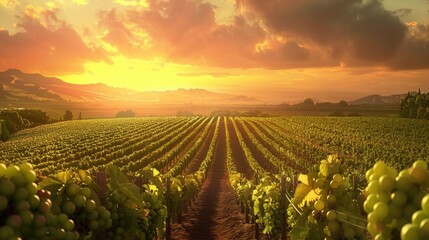 Wall Mural - Serene Vineyard at Sunset with Grape Rows