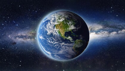 realistic earth planet, rotating on its axis in space against the background of the milky way star s
